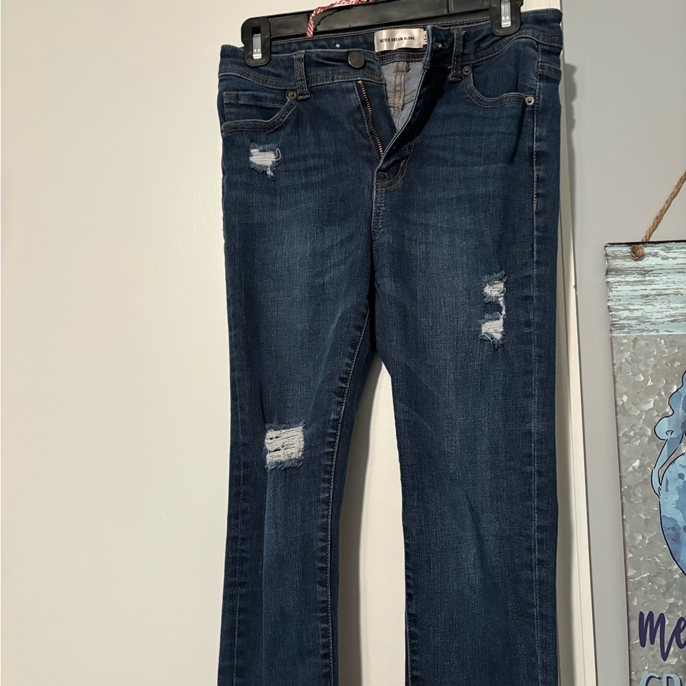 Women's Dark Blue Distressed Straight Leg Jeans